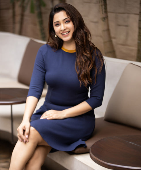 Blue Ponte Contrast Neck Band Dress