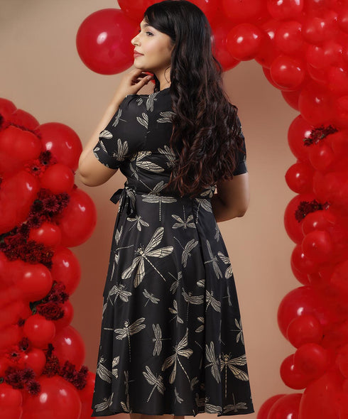 Vneck Sleeve Detailed Printed Dress