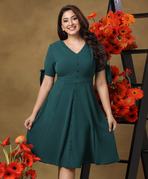 Vneck Buttoned Sleeve Tie Green Dress