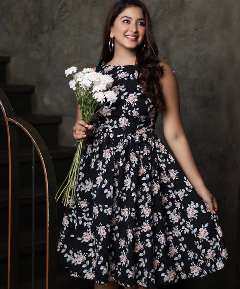 Floral Printed Gathered Waist Dress