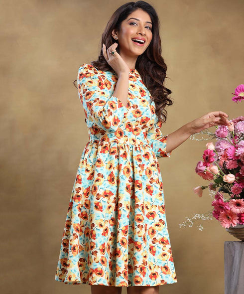 Half Sleeve Gathered Printed Dress