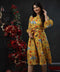 Balloon Sleeve Printed Mustard Midi Dress