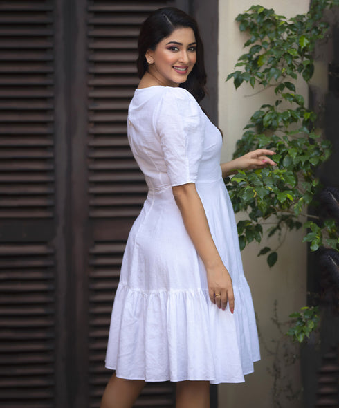 Buttons In the Neck-Line Linen Dress