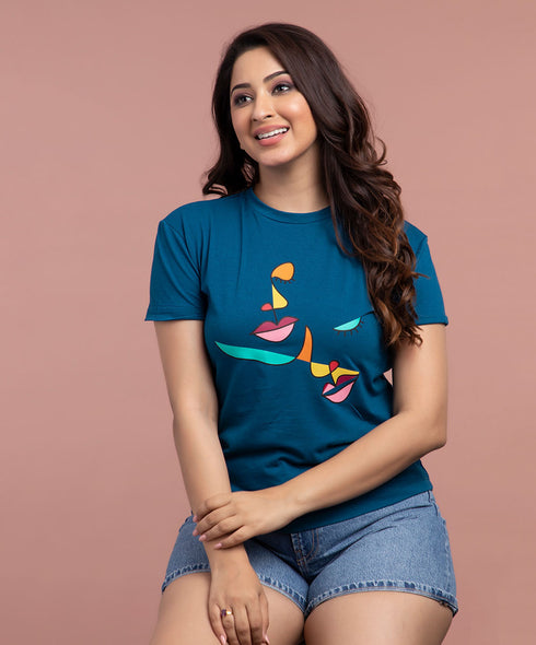 Teal Abstract Faces Printed Tshirt
