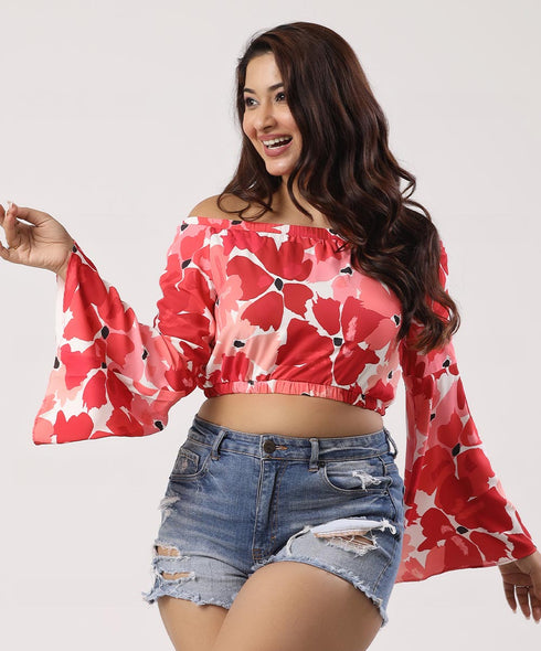 Sleeve Flared Printed Off-Shoulder Crop Top