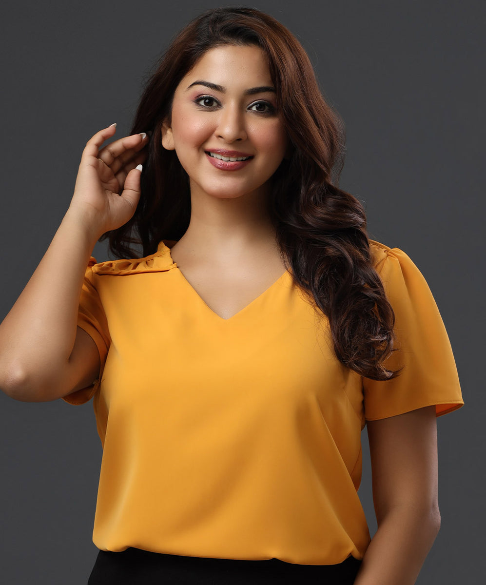 Shoulder Detailed Mustard Chiffon Top Zigzag