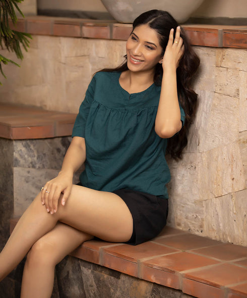 Cut Opening Round Neck Linen Top-Green