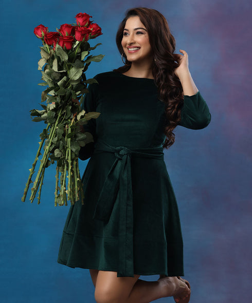 Mini Skater Velvet Green Dress