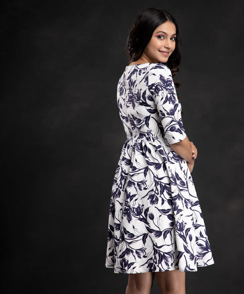 Blue Floral Scoop Neck Printed Dress