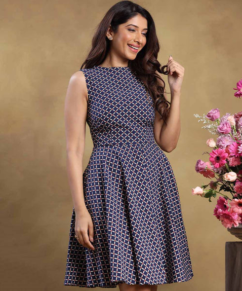 Sleeveless Printed Simple Skater Navy Dress