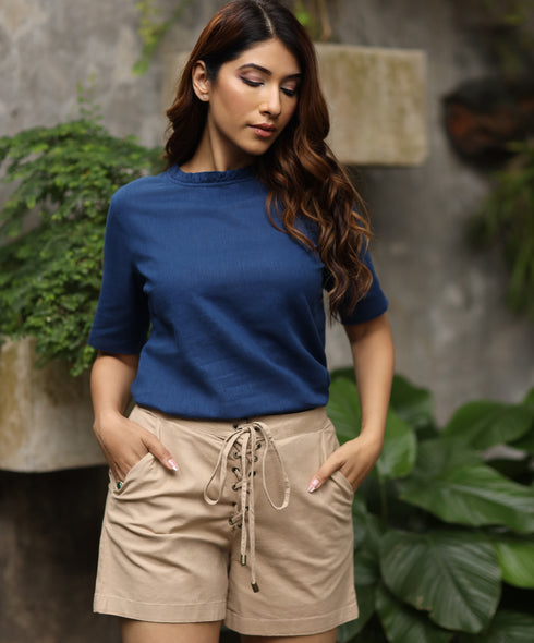 Neck Gathered Detailed Linen Blue Top