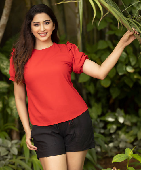 Red Sleeve Frilled Linen Basic Top