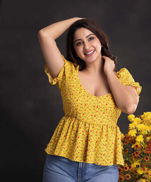 V Neck Puffed Printed Peplum top