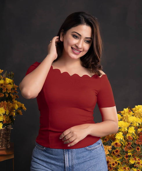 Scalloped Top Ponte - Red