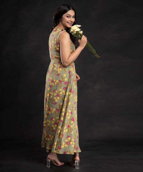 Olive Front Slit Floral Tunic Maxi