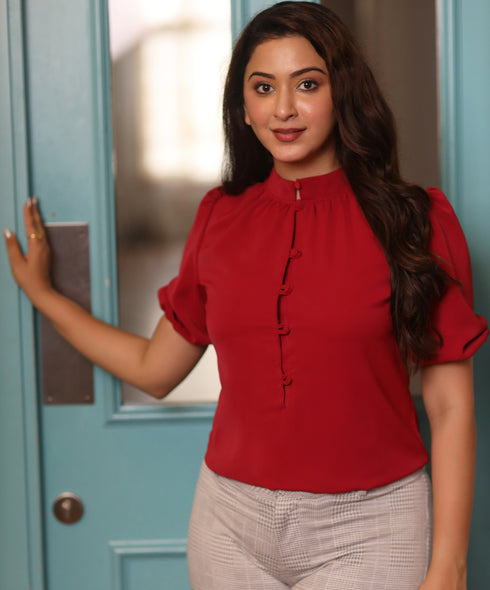 Front Buttoned Neck Detailed Red Top