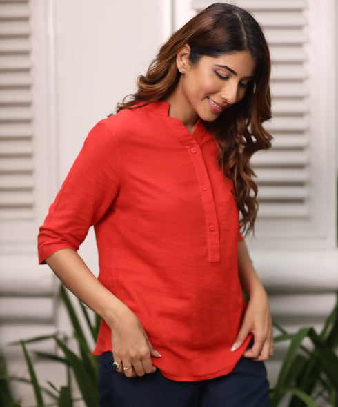 Linen Buttoned Half Kurtha Red Top