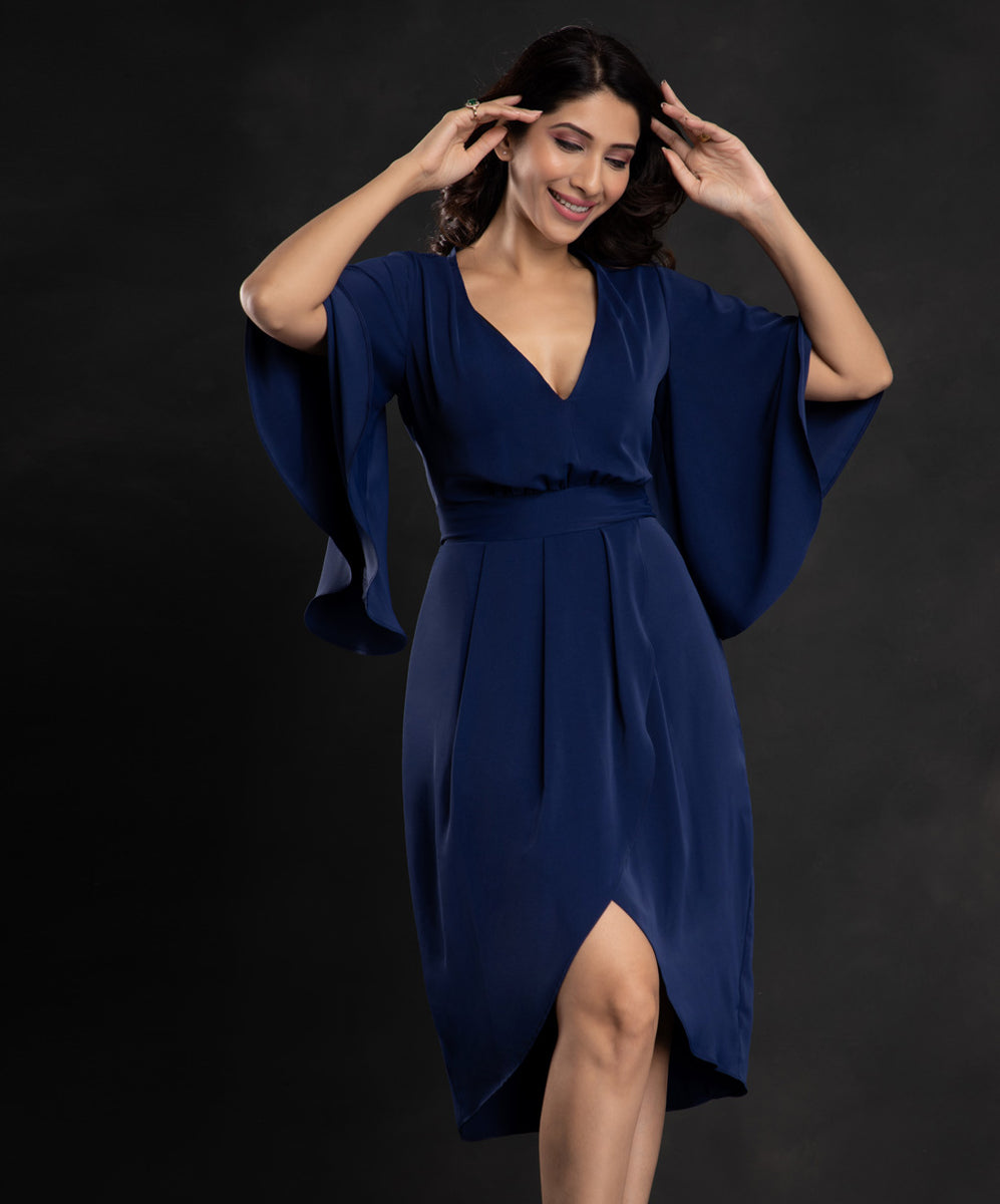 Navy Blue Chiffon Draped Dress – Zigzag