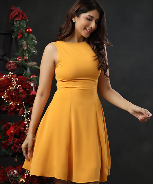 Waistless Solid Princess Line Mustard Dress