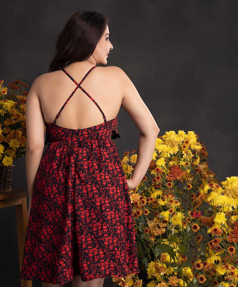 Pom Pom Attached Floral Printed Dress