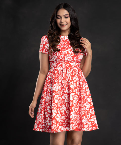 Red Floral Short Sleeve Mini Dress