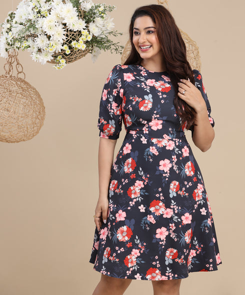 Puffed Sleeve Skater Printed Dress