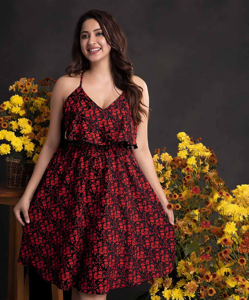 Pom Pom Attached Floral Printed Dress