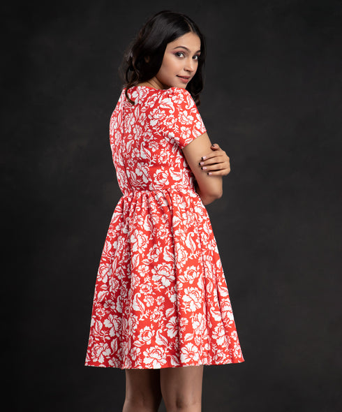 Red Floral Short Sleeve Mini Dress