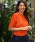 Neck Gathered Detailed Linen Orange Top