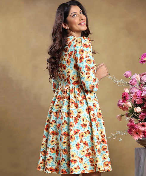Half Sleeve Gathered Printed Dress