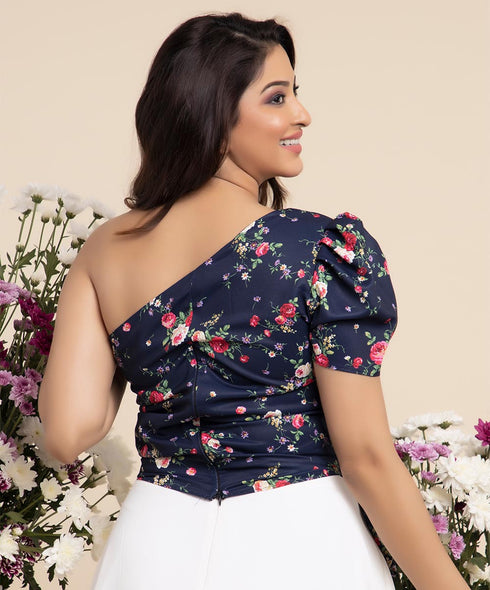 One Shoulder With Sleeve Printed Top