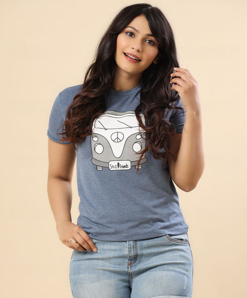 Bus Printed Crew Neck Blue Tshirt