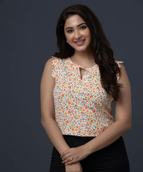 Keyhole Neck Pink Orange Floral Top