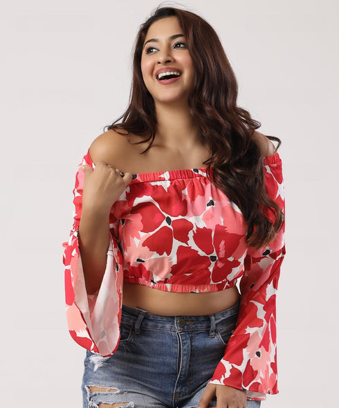 Sleeve Flared Printed Off-Shoulder Crop Top