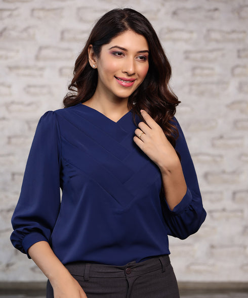 Neck Side Pleated Chiffon Navy Top