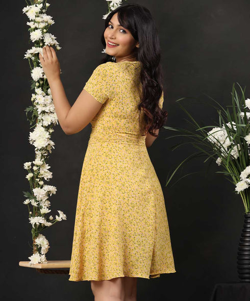 Vneck Frilled Floral Short Sleeved Dress