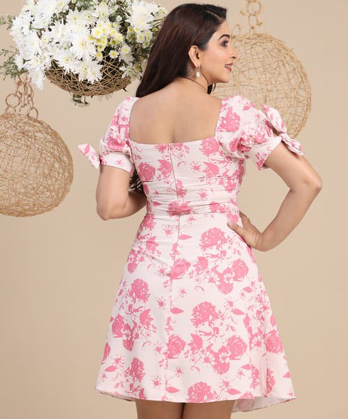 Sweetheart Neck Detailed Printed Mini Dress