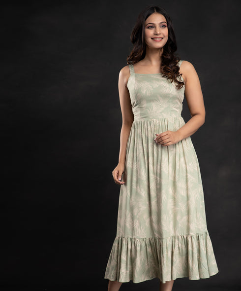 Olive Square Neck Printed Midi Dress