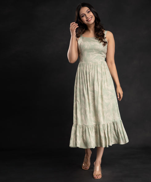 Olive Square Neck Printed Midi Dress