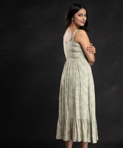 Olive Square Neck Printed Midi Dress