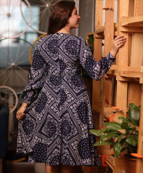 Vneck Puffed Sleeve Printed Dress