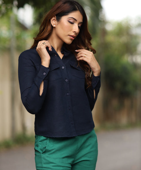 Long Sleeve Navy Linen Shirt