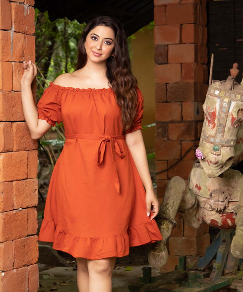 Rust Frilled Hem Waist Tie Linen Dress