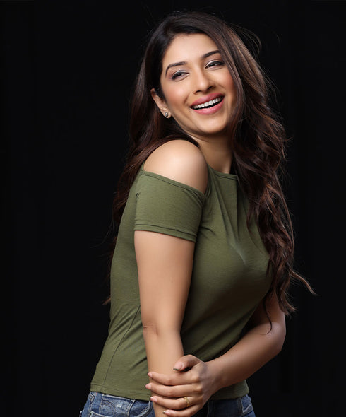 Cold Shoulder Crew Neck Green T-shirt