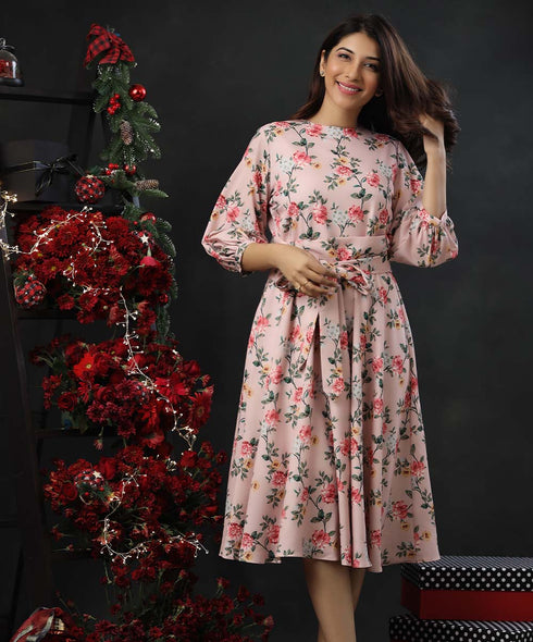 Balloon Sleeve Printed Pink Midi Dress