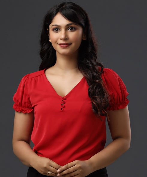 Red Puffed Sleeve Vneck Formal Top