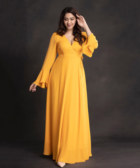 Mustard Flare Sleeve Vneck Maxi