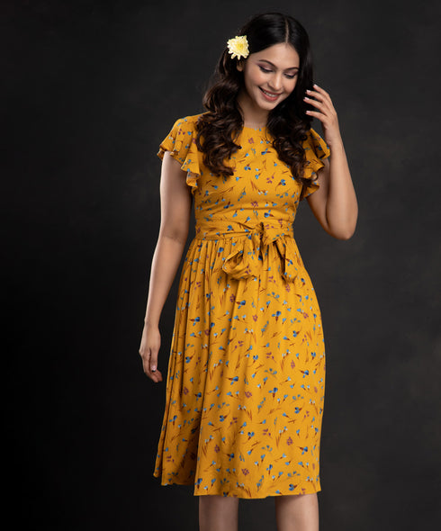 Mustard Printed Floral Sleeve Frilled Dress