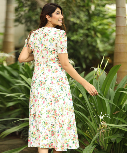 Vneck Printed Wrap Like White Dress