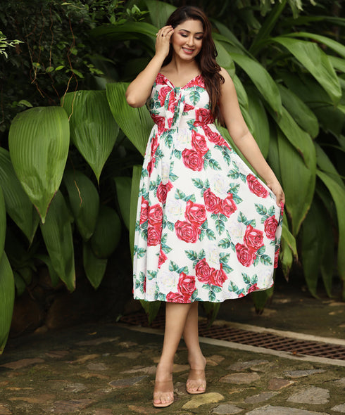 Strappy Printed Bodice Flared Midi Dress